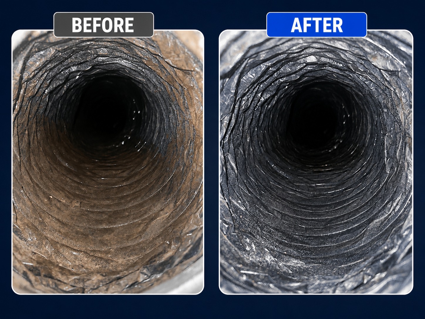 Air duct interior before and after cleaning