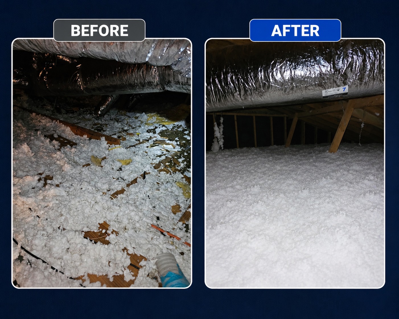 Attic insulation before and after in a New Braunfels home
