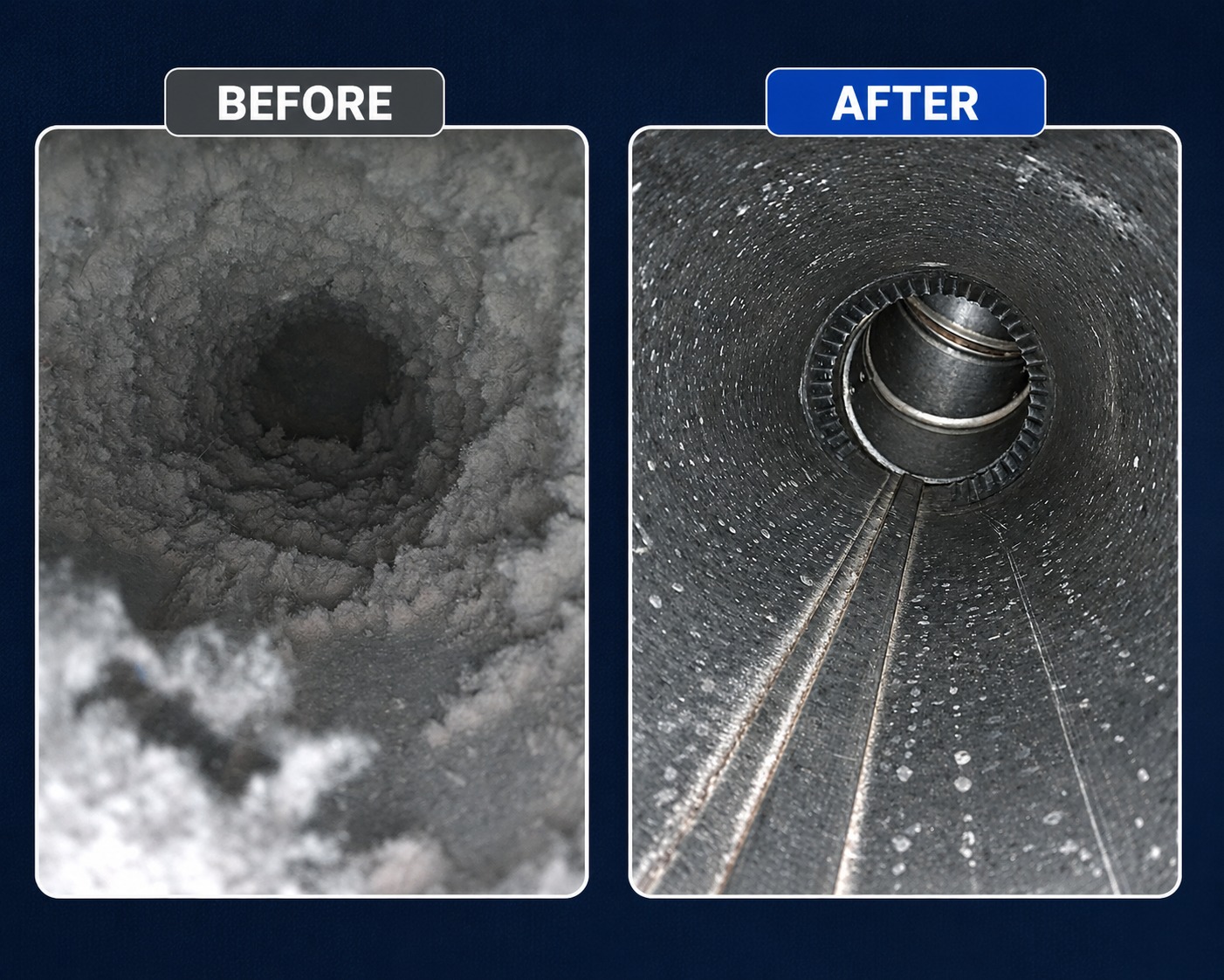 Dryer vent interior before and after cleaning