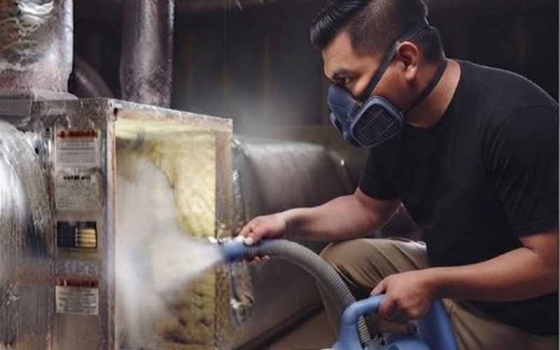 Technician in a respirator fogging disinfectant into an attic air handler