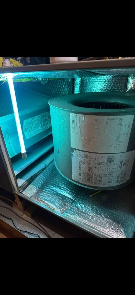 UV germicidal lamp glowing cyan-blue inside an HVAC air handler